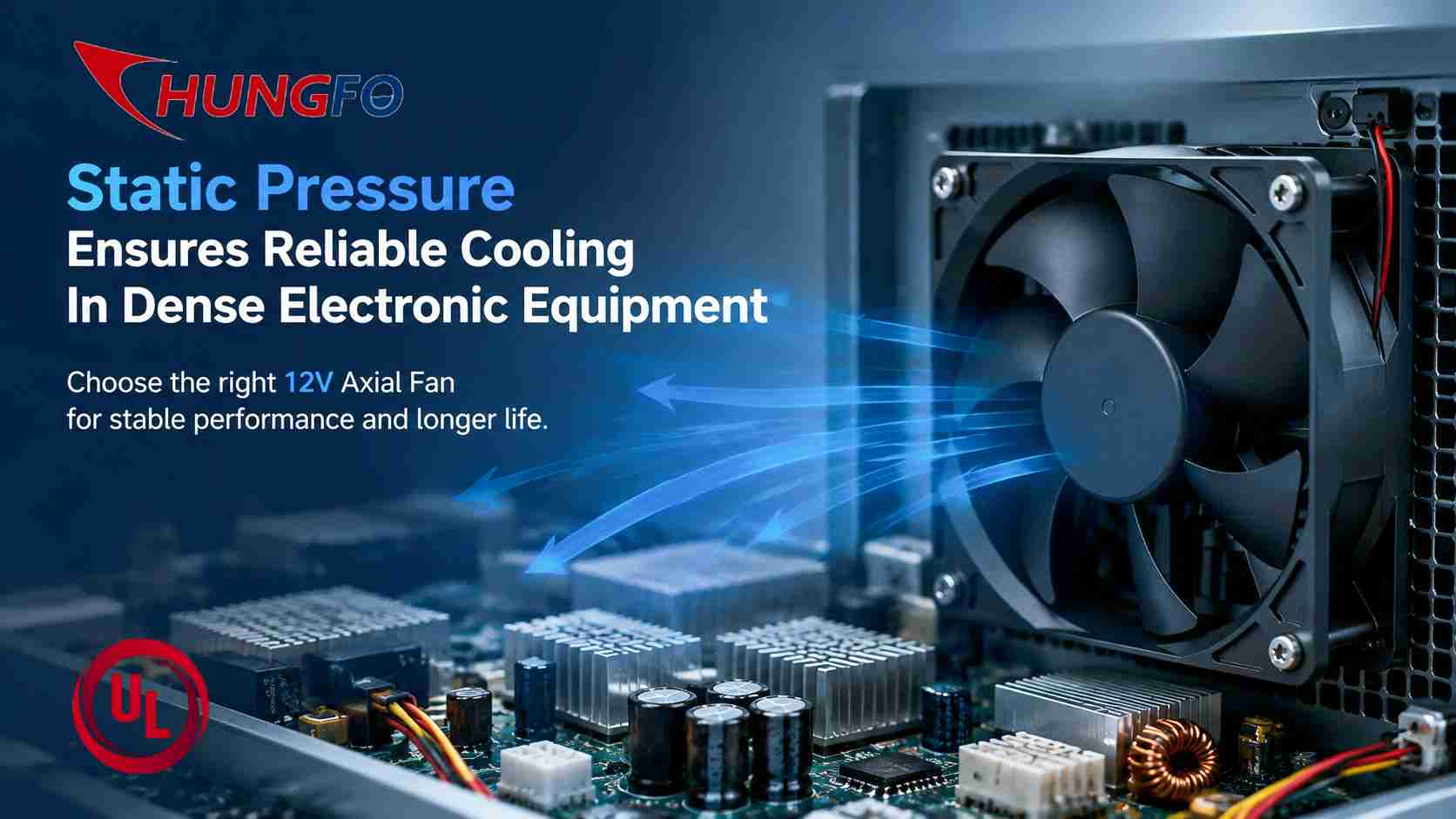Por que a pressão estática é crucial ao especificar um ventilador axial de 12V para equipamentos eletrônicos densos?